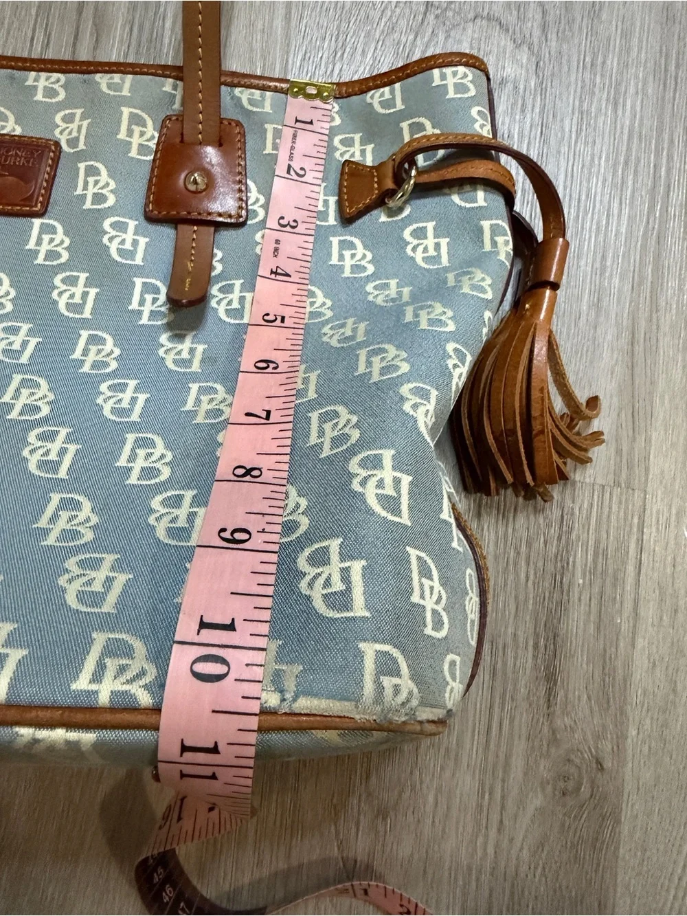 Dooney & Bourke Light Blue Monogram Tote with Brown Leather Trim